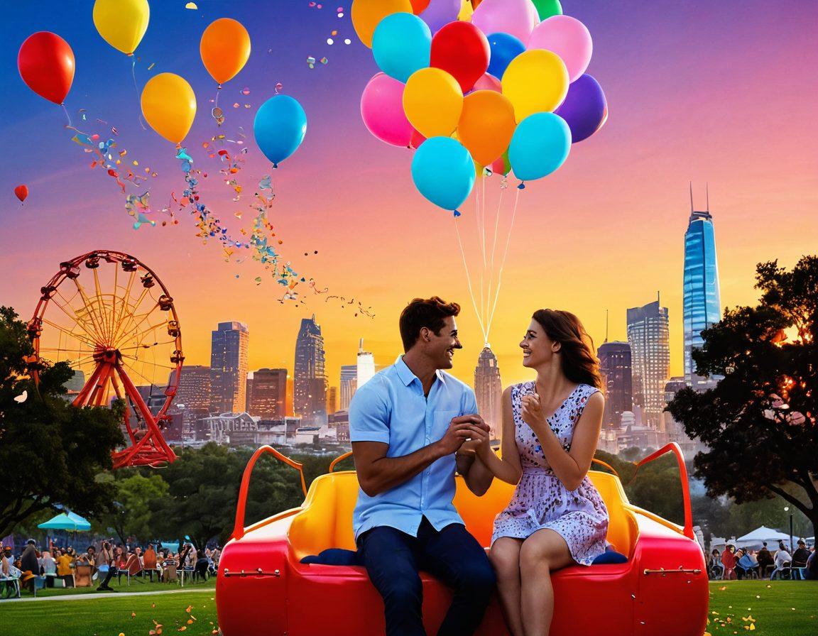 A whimsical collage showcasing various short clips of modern romance - couples laughing on a roller coaster, a romantic picnic in a vibrant park, and a city skyline at sunset with silhouettes of lovers. Incorporate playful elements like balloons and confetti in the background, emphasizing joy and spontaneity. Colorful, dynamic, and lively atmosphere. vibrant colors. 3D.