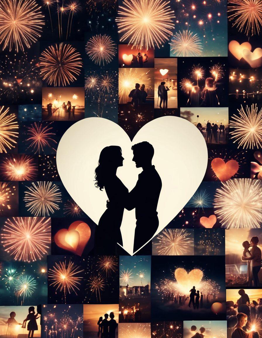 A heart-shaped collage featuring short video snippets of couples laughing, dancing, and sharing romantic moments, surrounded by playful animations of hearts and fireworks. Soft, warm lighting creates an inviting atmosphere. Include a vintage film reel design element to emphasize the video snippets. vibrant colors. super-realistic.