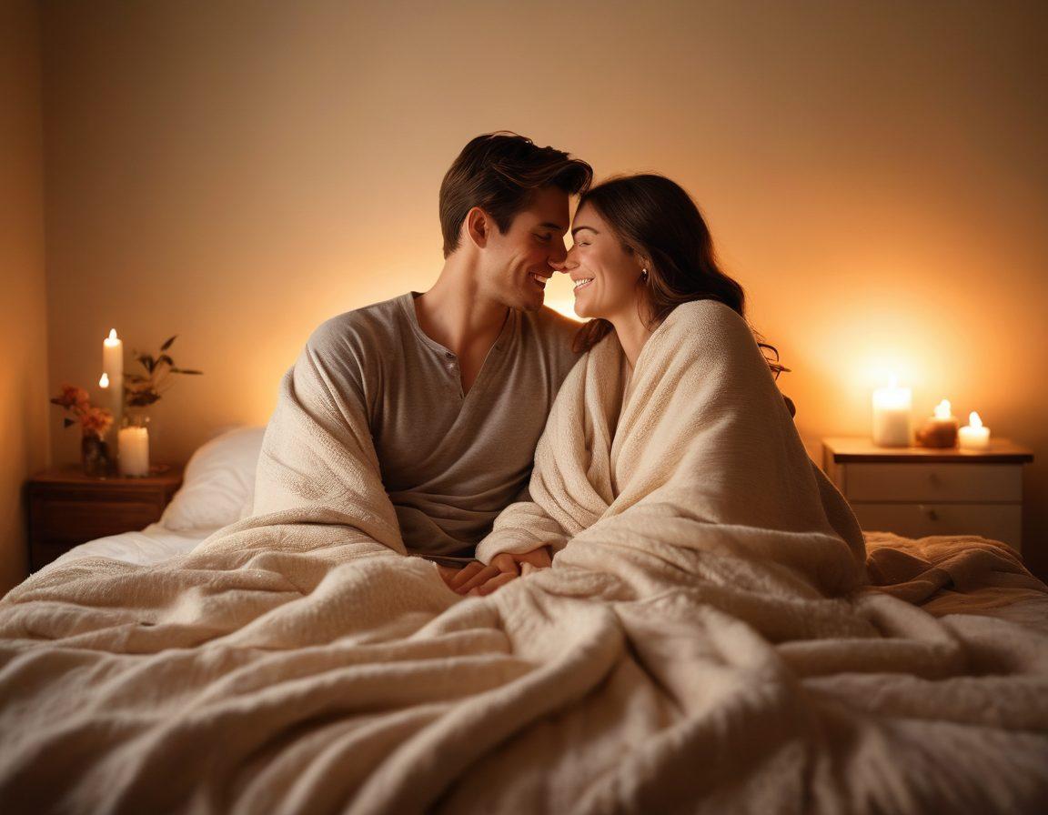 A serene, softly-lit room where a couple is captured in a genuine moment of intimacy, their laughter and joy glowing through a warm haze. Visualize a camera discreetly positioned, ready to document this connection, adorned with a cozy blanket and flickering candles in the background. Subtle details like intertwined fingers and a close-up of their faces highlighting deep emotional bonds, conveying tenderness and love. romantic, soft focus, warm colors, intimate ambiance.